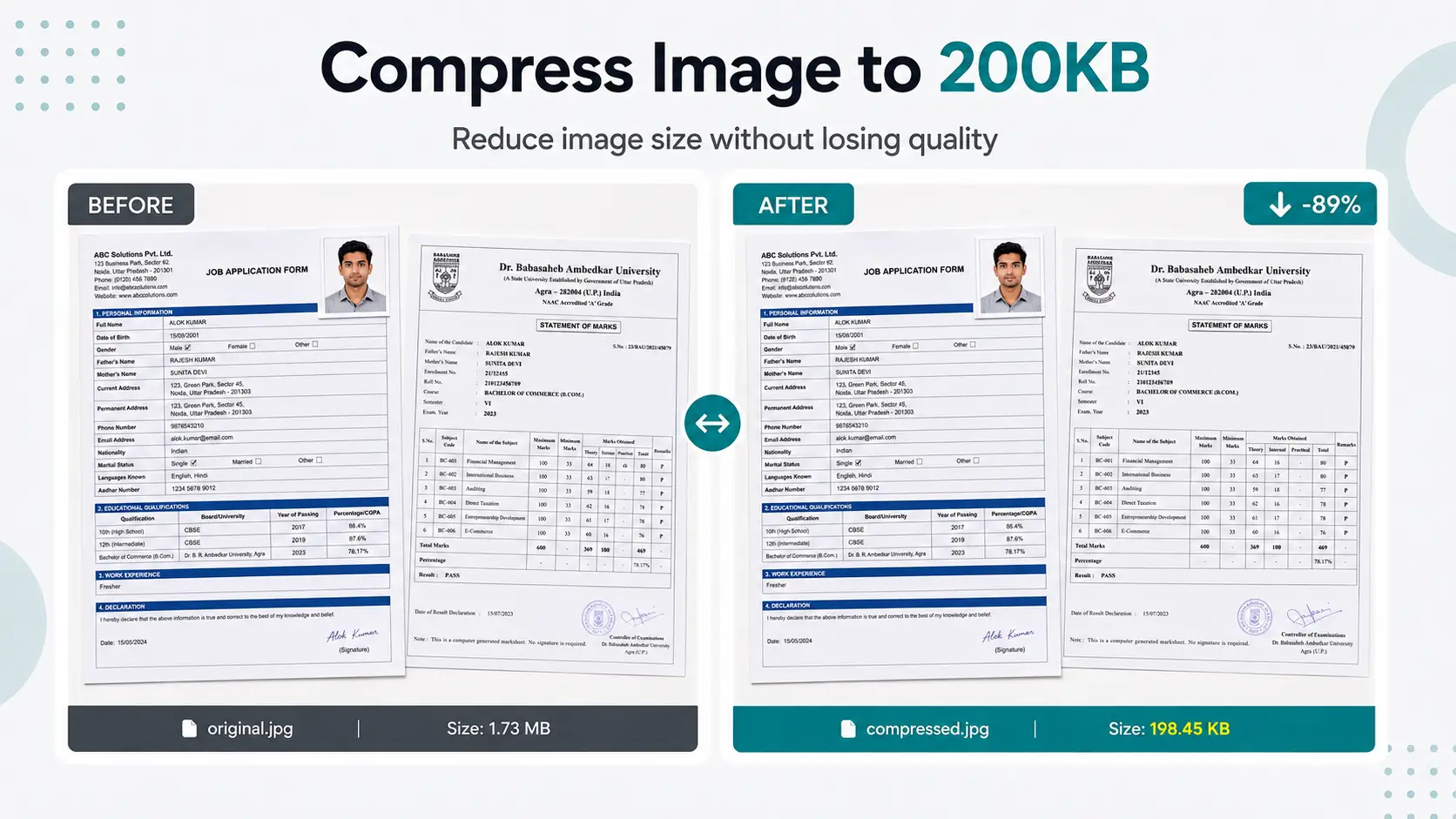 Before and after example of an image compressed to 200KB