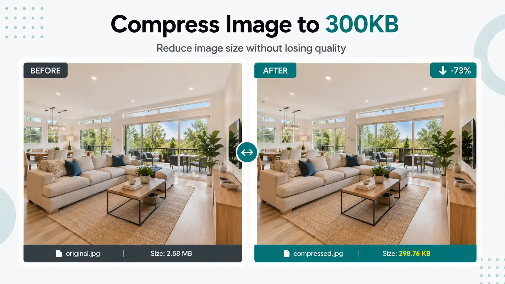 Before and after example of an image compressed to 300KB