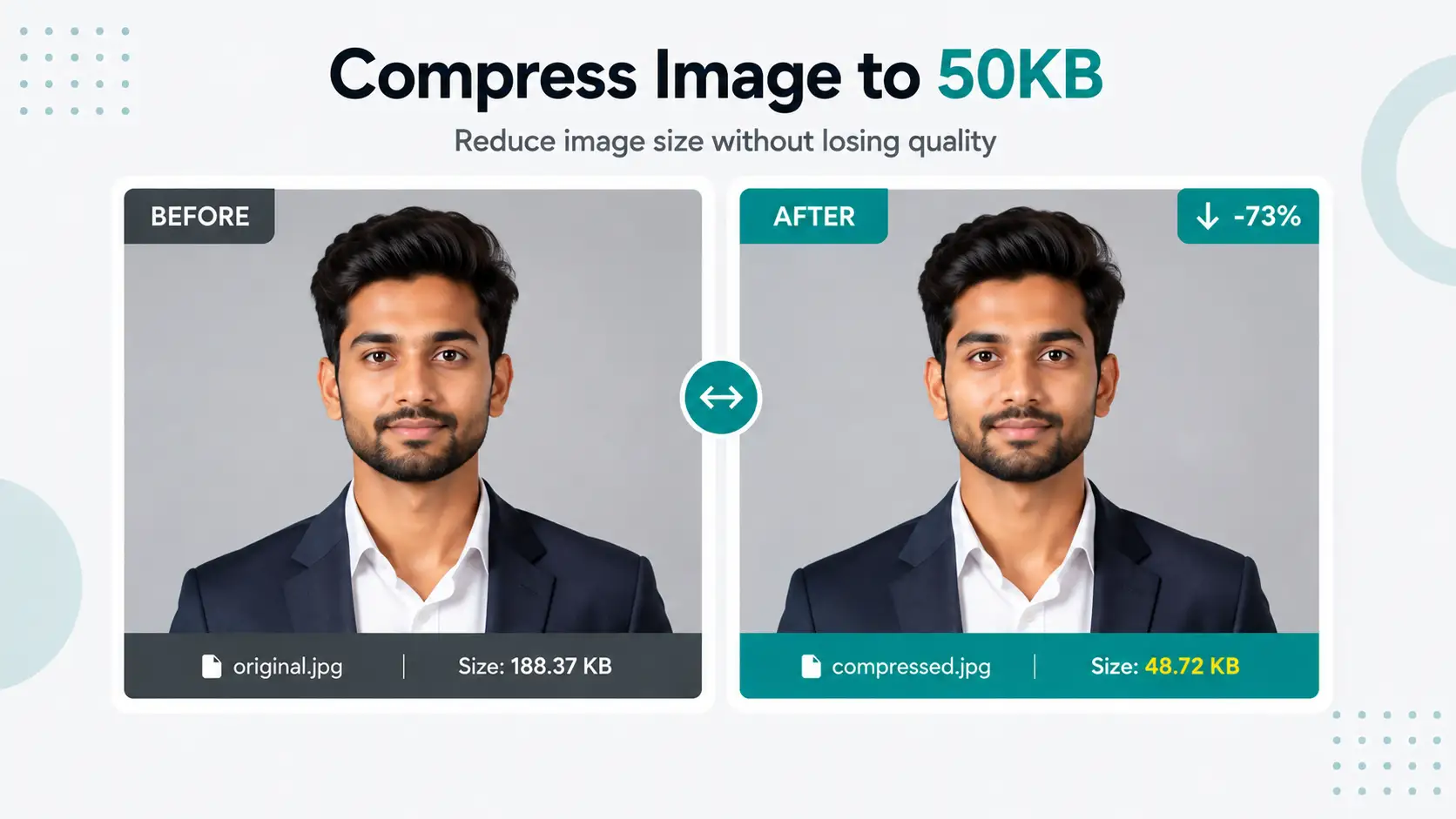 Before and after example of an image compressed to 50KB