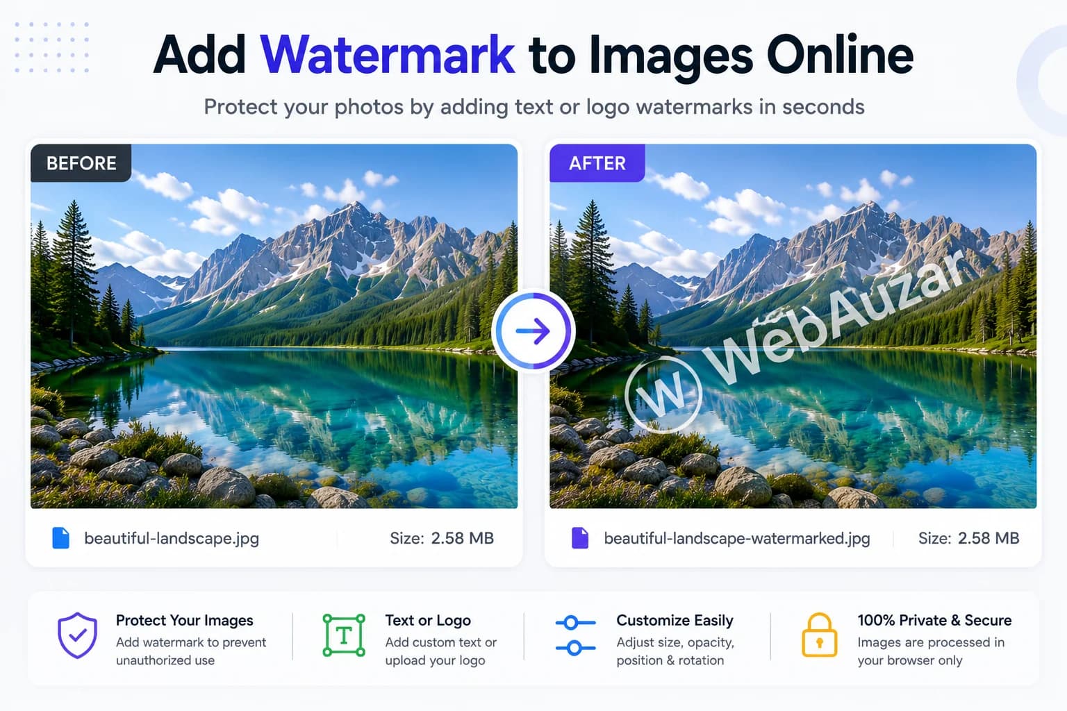 Before and after example of a photo with a logo watermark added using WebAuzar
